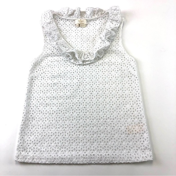 KATE Spade white all cotton eyelet sleeveless ruffle neck top Size 0 - Picture 2 of 9